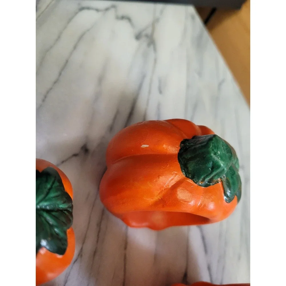 Vintage Ceramic Pumpkin Napkin Rings Set Of 4 Halloween Fall Thanksgiving 3